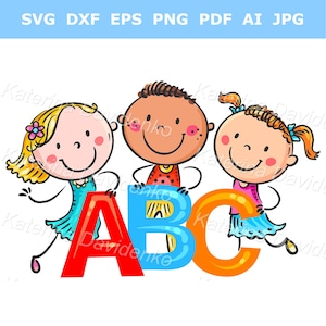 Niños garabateados con letras del alfabeto, niños felices de dibujos animados que aprenden el alfabeto, niños lindos sosteniendo letras del alfabeto, clipart del alfabeto para niños, descarga digital