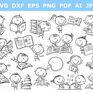 Figura de palitos. Niños y libros. Clipart infantil SVG, PNG y PDF. Ilustración en blanco y negro.