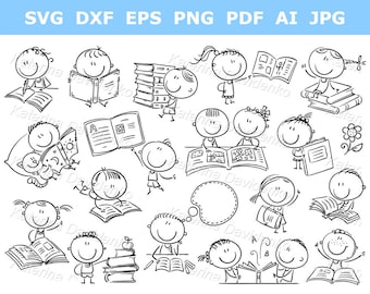 Stick figure. Kids and Books. SVG PNG PDF children clipart. Black and White illustration