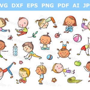 Conjunto de imágenes prediseñadas de actividades deportivas para niños de dibujos animados. Conjunto de imágenes prediseñadas de yoga, lindos niños haciendo gimnasia, imágenes prediseñadas de fitness, descarga digital
