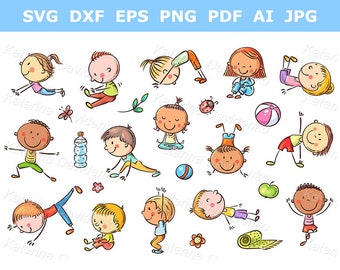 Cartoon kids sport activities clipart set. Yoga clipart set, cute little children doing gymnastic, fitness clipart, digital download