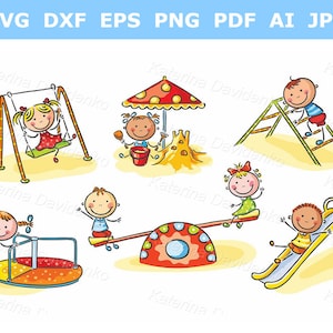 Set of kids playing outdoors little children activities clipart doodle kindergarten playground clipart boy girl playing on the playground