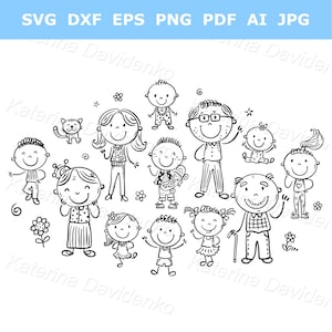 Ensemble de cliparts noir et blanc de membres de la famille de dessins animés, personnages de contour isolés. Grand-père et grand-mère png, heureux parents et enfants clipart