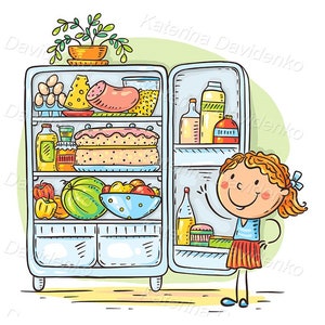 May include: A cartoon illustration of a girl standing in front of a fridge filled with food. The fridge has shelves with a variety of items, including a watermelon, a cake, a loaf of bread, a sausage, eggs, and bottles of juice. The girl is smiling and looking at the fridge.