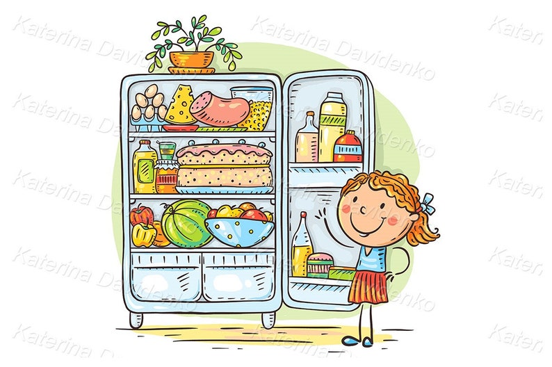 May include: A cartoon illustration of a girl standing in front of a fridge filled with food. The fridge has shelves with a variety of items, including a watermelon, a cake, a loaf of bread, a sausage, eggs, and bottles of juice. The girl is smiling and looking at the fridge.