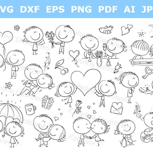 Parejas de enamorados de dibujos animados felices, conjunto de San Valentín. Imágenes prediseñadas de personas con palitos. Ilustraciones vectoriales en blanco y negro. PDF PNG SVG
