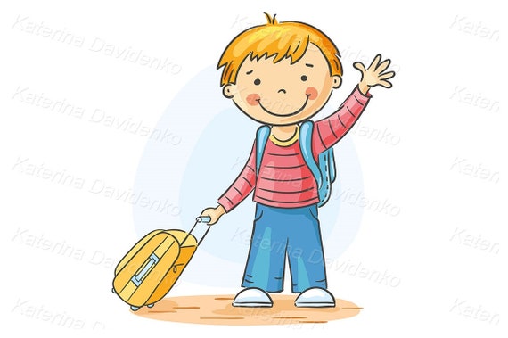 Illustration of happy kids traveling with suitcase in summer