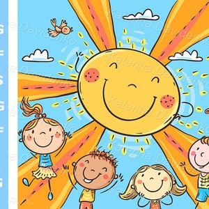 Fröhliche Comic Kinder Cliparts. Illustration für Kinder im Shop, für Werbung, kommerzielle Nutzung, Sofort-Download mit hoher Auflösung