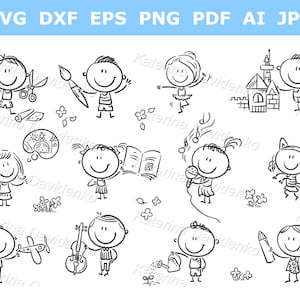 Dibujos animados de doodle para niños con actividades creativas. Conjunto de niños divertidos que participan en diferentes actividades creativas. Blanco y negro