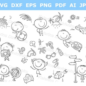 Clipart de viajes. Niños felices de dibujos animados en blanco y negro. Clipart de niños viajando. Clipart de niños dibujados a mano, figuras de palitos.
