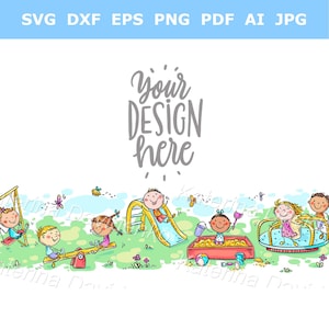 Glückliche kleine Kinder auf dem Spielplatz. Kindergarten Kinder Aktivitäten Clipart, Kinder spielen im Freien auf Rutschbahn, Schaukel und Karussell