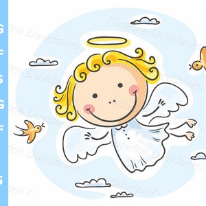 Clipart de un ángel infantil de dibujos animados. Ilustración vectorial de un angelito feliz.