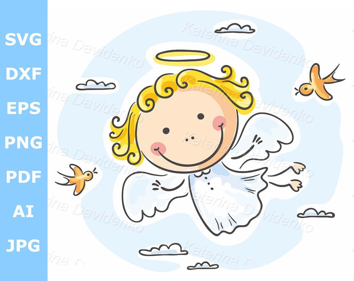 Cartoon Cute Child Angel Flying With Two Birds Clipart photo