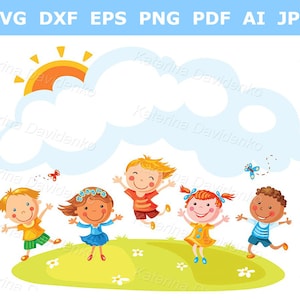 Happy cartoon kids jumping with joy on a hill with a copy space. Children clipart