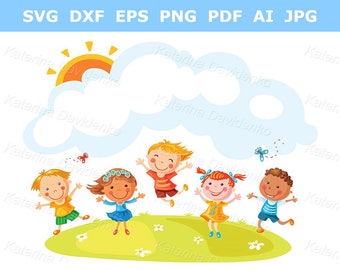 Happy cartoon kids jumping with joy on a hill with a copy space. Children clipart