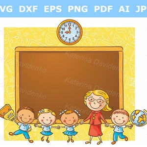 Clipart for teachers. Cartoon school kids with their teacher at the blackboard as a frame with a copy space.  Teacher teaching clipart