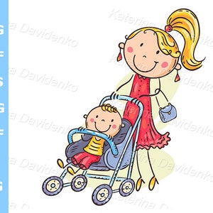 母親と子供。漫画のお母さんがベビーカーに乗った息子と一緒に歩いています。ベクターイラスト、デジタルダウンロード家族クリップアート