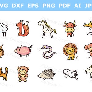 Set van schattige tekenfilm dieren clipart. Digitale download vectorillustratie, tekenfilmdierenstickers voor kinderen