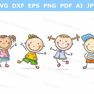 Cuatro niños felices bailando o saltando. Imágenes prediseñadas de niños, imágenes prediseñadas de niños felices, imágenes prediseñadas de doodle SVG, niños de dibujos animados, ilustraciones infantiles.