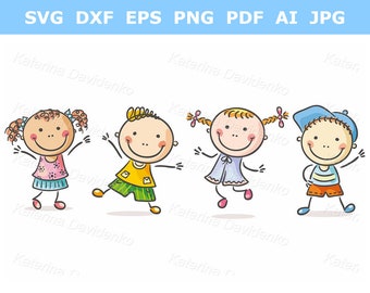 Four happy kids dancing or jumping. Children clip art, kids clip art, happy kids clip art, doodle svg, cartoon kids, kids illustration