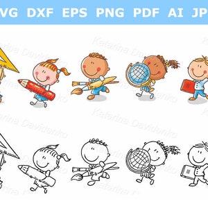 Set cartoon schoolkinderen die verschillende schoolobjecten houden. Onderwijs clipart, onderwijs clipart, school clipart, kinderen clipart, kinderen svg