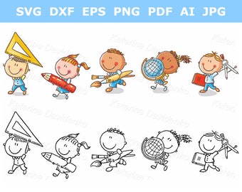 Set of cartoon school kids holding different school objects. Education clipart, teaching clipart, school clipart, kids clipart, kids svg