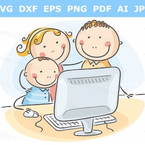 Happy cartoon family at the computer together. Doodle family clipart