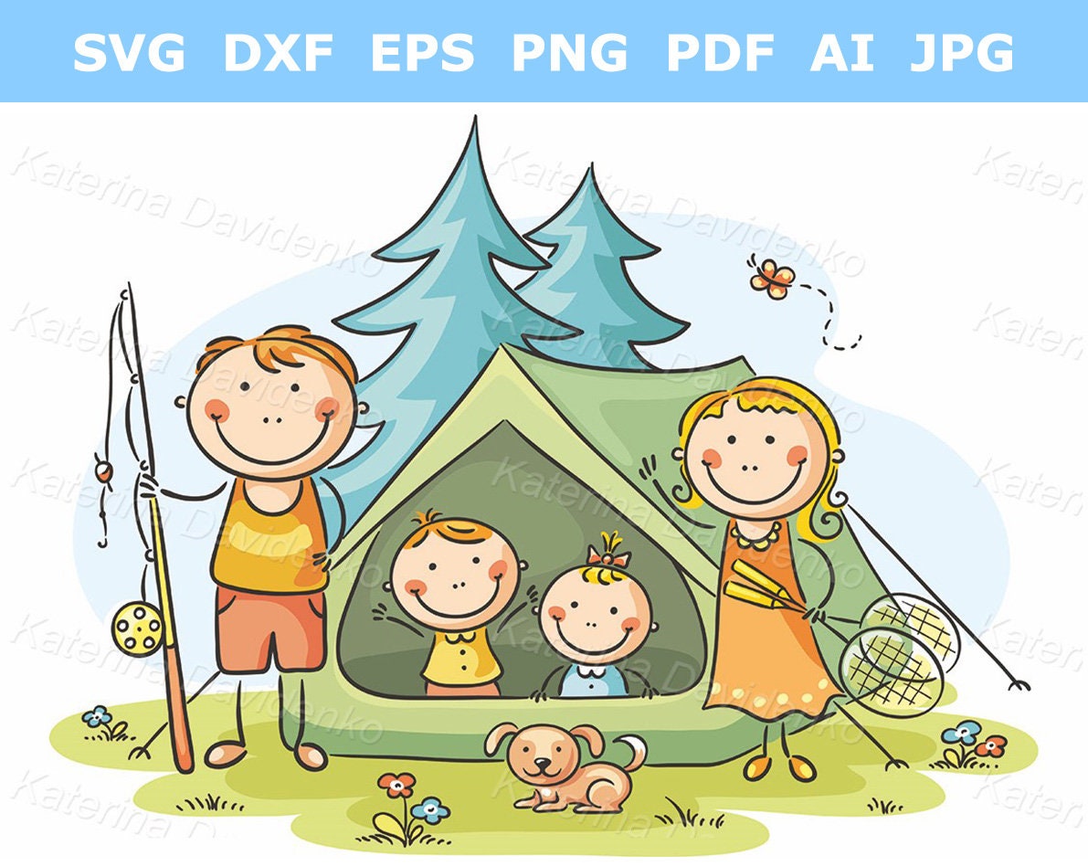 Familia Feliz De Dibujos Animados Acampando En El Bosque Etsy M xico