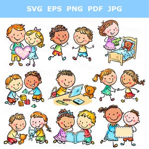 Diverse Kids Playing Clipart – Cute Cartoon Illustration Set. Kids playing with toys, children doing activities, kids reading a book clipart