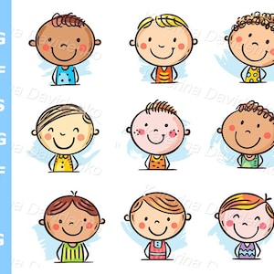 Diverse kinderclipart, neutrale tekenfilm voor kinderen, set schattige jongens, krabbelfiguren voor productetiketten, verpakkingsontwerp, hoge resolutie