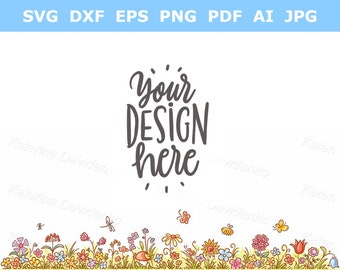 Horizontal cartoon floral border. Flowers background PNG SVG