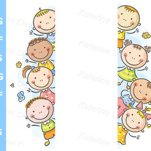 Clipart de niños SVG. Marco o bordes con niños felices asomando. Clipart de marco, clipart de borde, clipart de niños, SVG de niños, clipart de niños