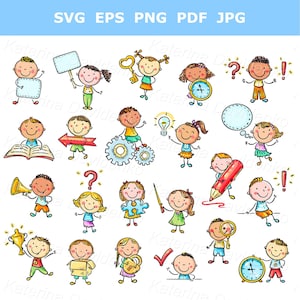 Kids education clipart set. Cute children with school things. Great for educational illustration, digital download, commercial use
