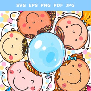 Square cover with happy kids and balloon with copy space. Birthday greeting card, editable vector illustration, commercial use