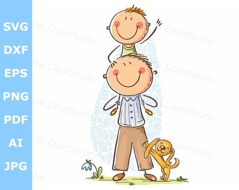 A cartoon illustration of a father and son playing together. The father is wearing a blue shirt and brown pants, and the son is wearing a green shirt. The son is sitting on the father's shoulders, and they are both smiling. A small, orange dog is standing next to them.