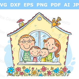 Cartoon Doodle Familie Haus Clipart, Eltern mit zwei Kindern, die aus dem Fenster schauen, digitaler Download