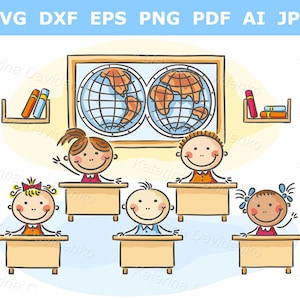 Niños de la escuela de dibujos animados en el aula en la lección, niños de la escuela en el escritorio, clip art escolar