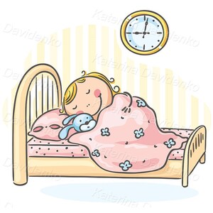 May include: A cartoon illustration of a girl sleeping in a bed with a blue stuffed animal. She is under a pink blanket with white flowers. A clock with a gold frame is above the bed. The background is a yellow and white striped pattern.