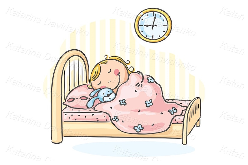 May include: A cartoon illustration of a girl sleeping in a bed with a blue stuffed animal. She is under a pink blanket with white flowers. A clock with a gold frame is above the bed. The background is a yellow and white striped pattern.