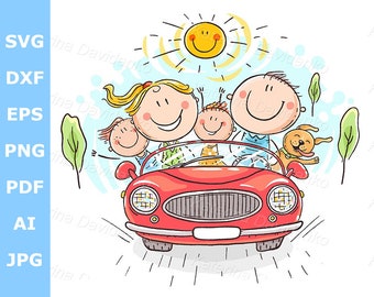Happy family travelling by car, vacation trip. Family clipart, parents and children travelling together, domestic life, road trip clipart