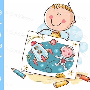 Niño pequeño imaginándose a sí mismo como un astronauta con un cohete en el espacio, imágenes prediseñadas de actividades creativas para niños en edad preescolar de dibujos animados