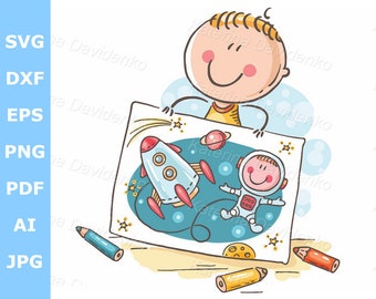 Petit garçon s'imaginant un astronaute avec une fusée dans l'espace, dessin animé enfant d'âge préscolaire activités créatives clipart