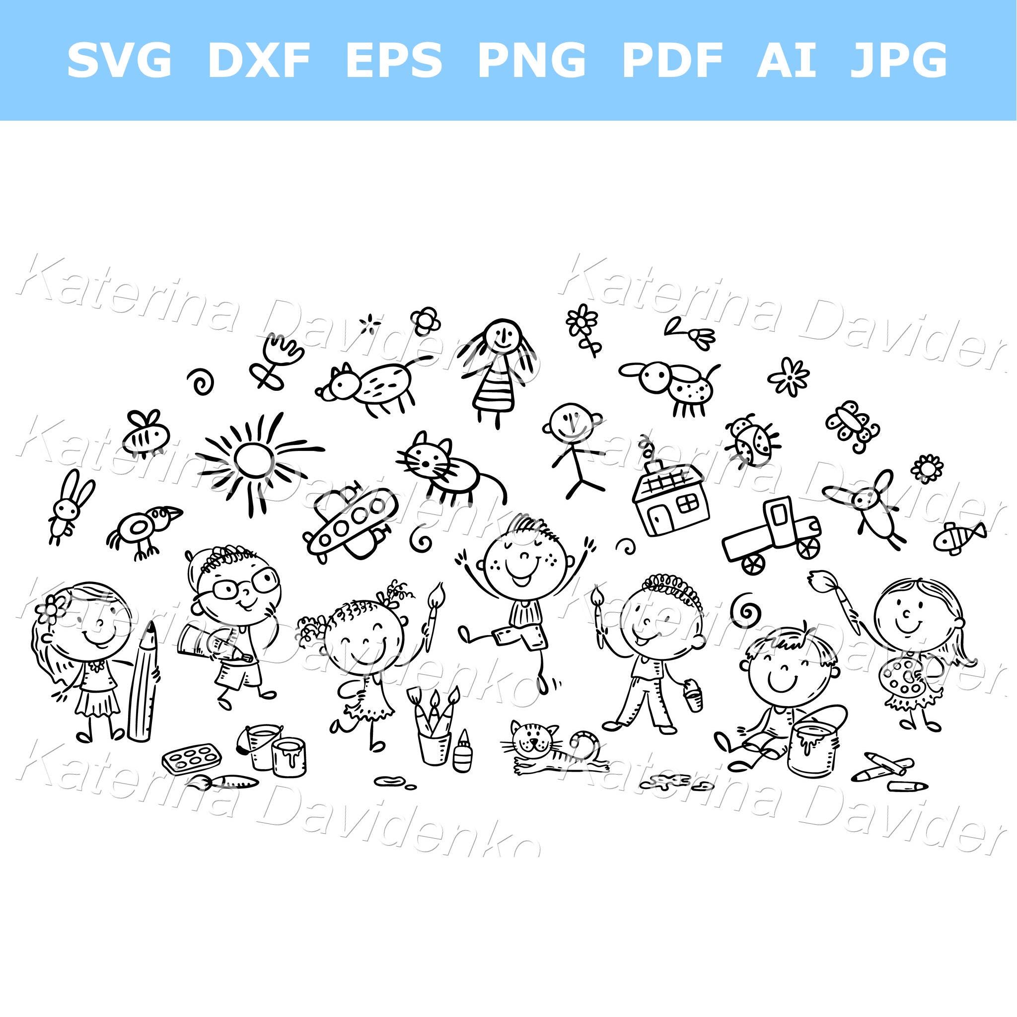 Black and white cartoon kids clipart. Outline children creative activities. Cute kids with brushes and paints drawing pictures