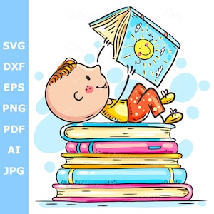 Joli garçon de bande dessinée lisant un livre, petit enfant avec un livre, le garçon est allongé sur une pile de livres. Téléchargement numérique de cliparts enfants heureux, dessinés à la main