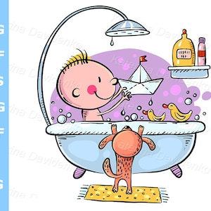 Dibujo animado de un bebé en forma de garabato. Un lindo bebé bañándose y jugando en el baño. Ilustración vectorial de un niño pequeño dibujado a mano, clipart para niños