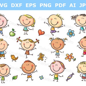 Happy Doodle Kids clipart set - stick figure pdf png svg file for download - cute children clipart