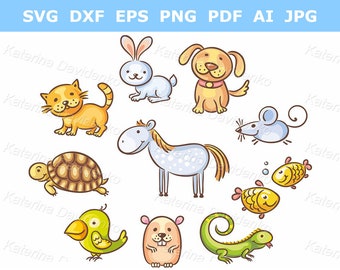 May include: A set of ten cartoon animal illustrations, including a cat, dog, rabbit, horse, turtle, mouse, fish, bird, lizard, and hamster. The animals are drawn in a colorful, whimsical style.