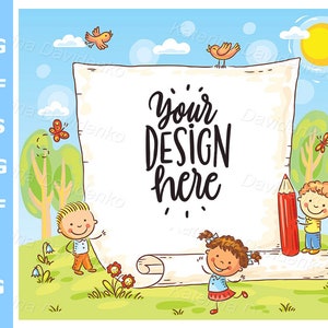 Kinder Clipart, Vorschul Clipart. Kartoonrahmen mit drei Kindern im Freien. Kind svg png, Kind Clipart. Clipart für Schule