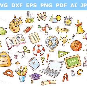 Conjunto de desenhos animados de clipart de coisas da escola. Ilustração vetorial desenhada à mão, diferentes coisas da escola SVG, conjunto clipart download digital