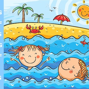 Dzieci z kreskówek pływające w morzu. Dzieci na wakacjach letnich na plaży. Dziecięcy clipart. Natychmiastowe pobranie. Ilustracja sezonu letniego